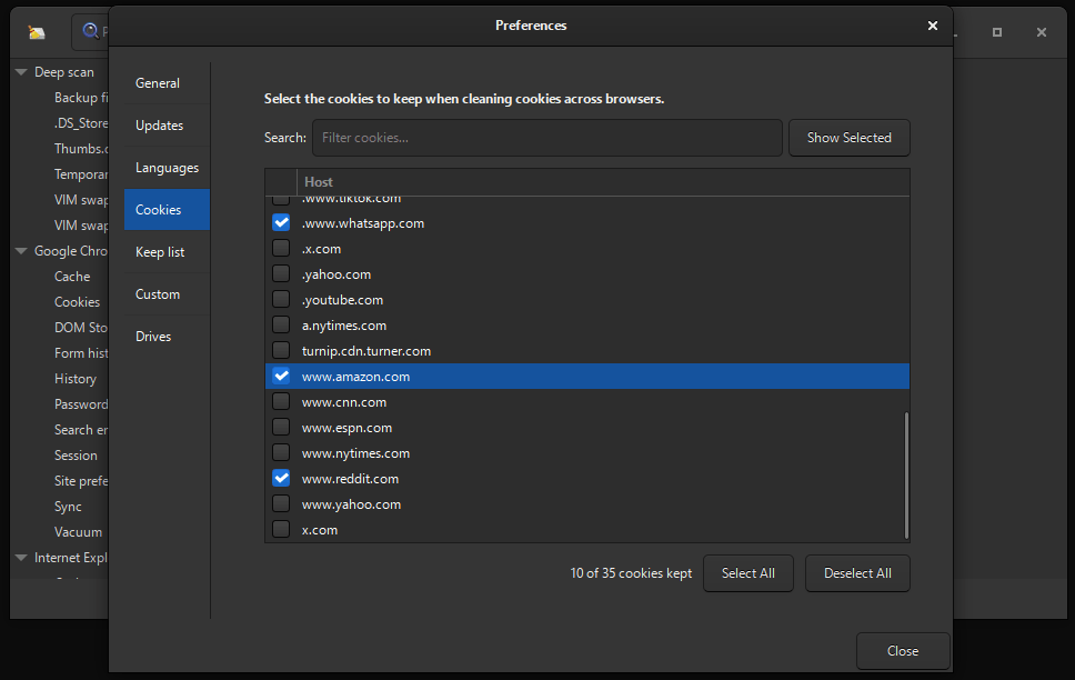 BleachBit Cookie Manager dialog showing a list of cookie host domains with checkboxes