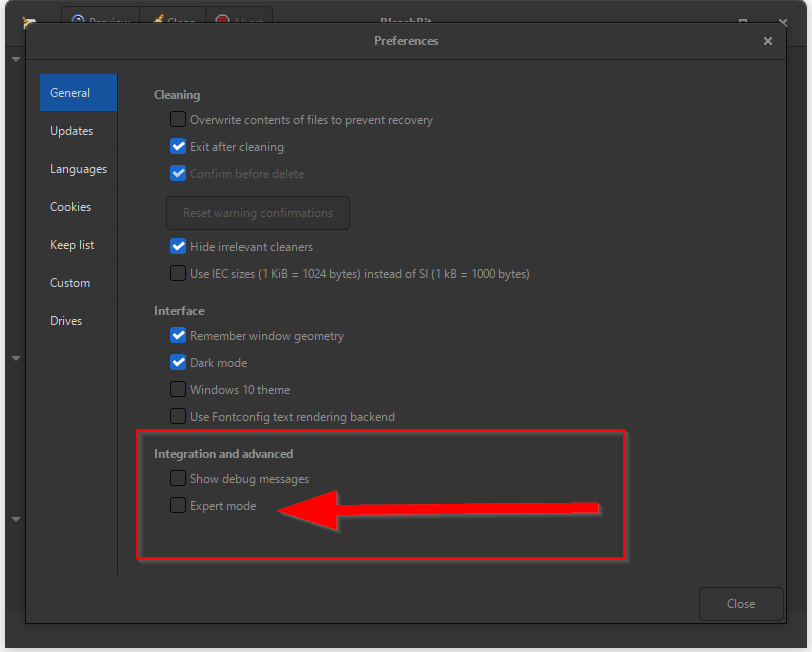 BleachBit Preferences dialog showing Expert mode option